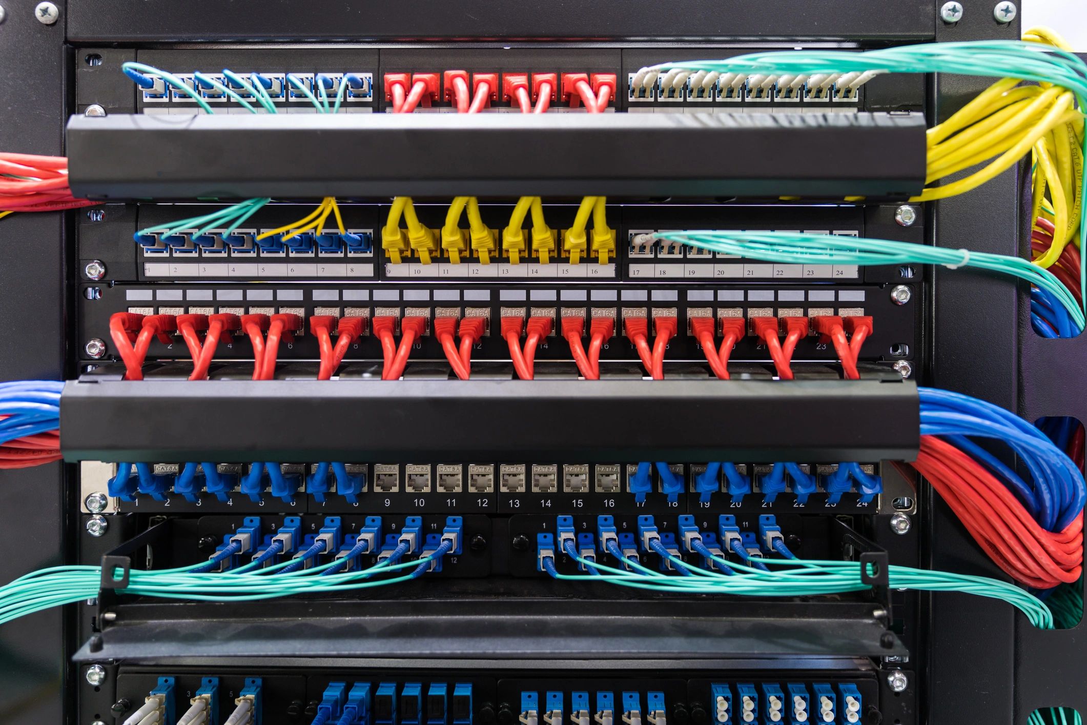 Close-up of network cabling and ports
