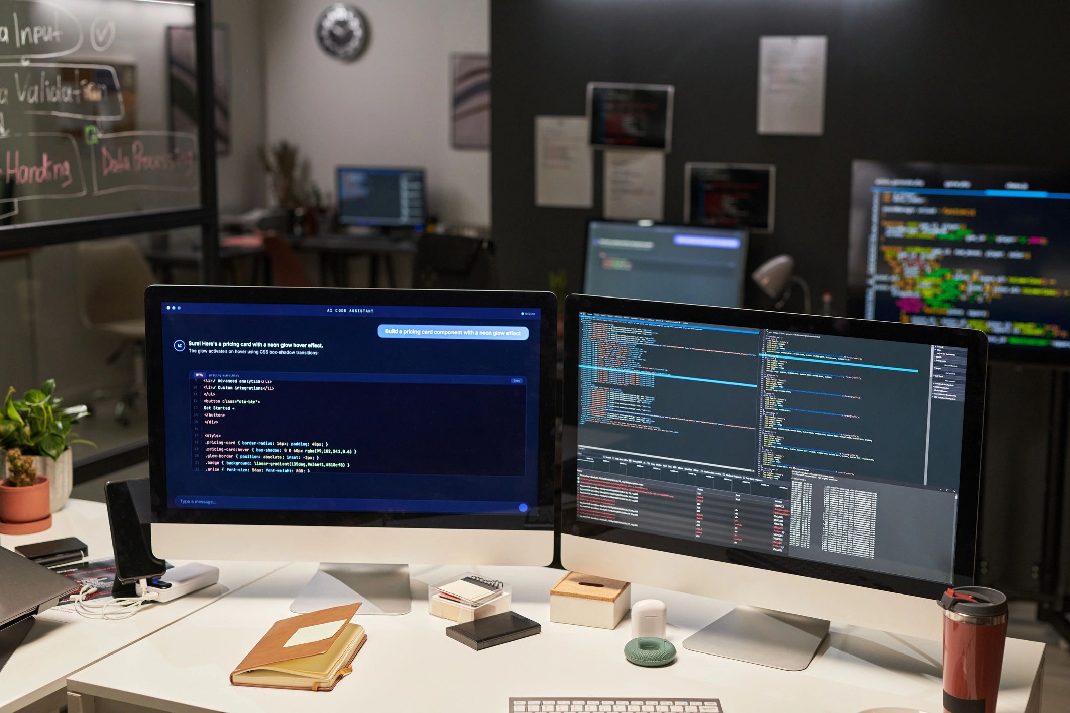 Technology workstation displaying cybersecurity and software systems